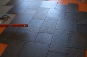 Porcelain slate basketweave tile floor