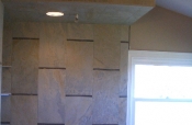 Porcelain and glass master bathroom tile installation in Windsor, Colorado