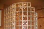 Porcelain and glass master bathroom shower tile installation with glass block walls