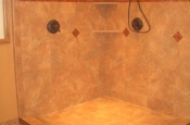 Porcelain master bathroom with glass inserts in Fort Collins