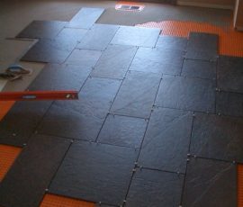 Porcelain slate basketweave tile floor