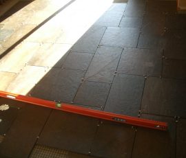 Porcelain slate basketweave tile floor with Ditra