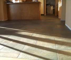 Porcelain slate basketweave floor with Ditra in Fort Collins