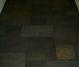 Porcelain slate basketweave tile floor