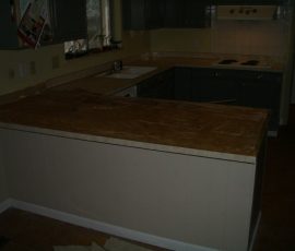 Kitchen Granite Tile Countertop and Glass Backsplash before